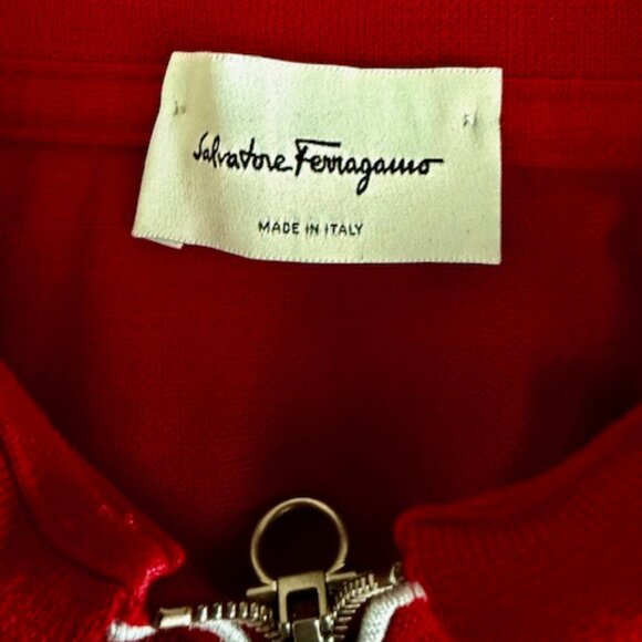 Salvatore Ferragamo Men's 1/4 Zip Embroidered Pique Polo Shirt, Red, L Excellent - Picture 5 of 13